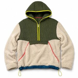 UGG RTW Women Sherpa Fleece Quilted Logo Quarter Zip Hoodie Green Cream Small